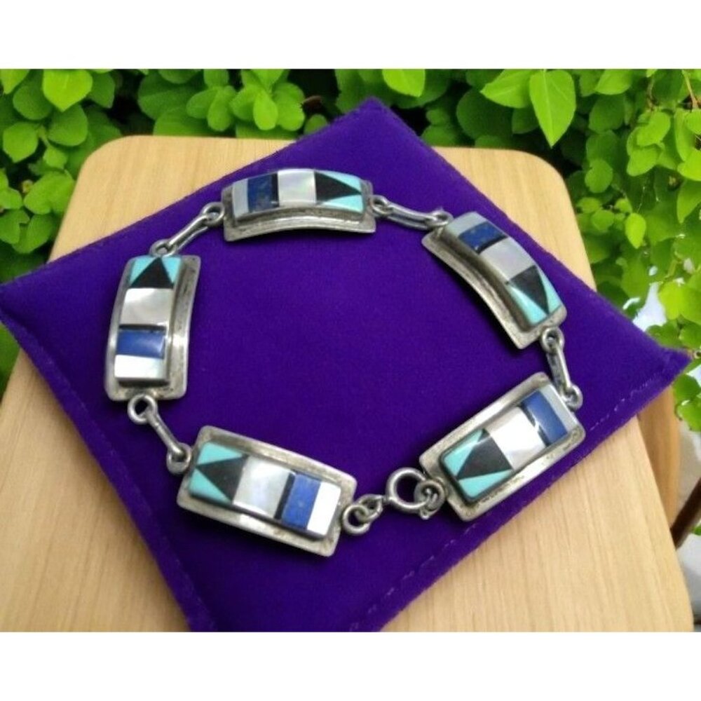 Zuni Edaakie Vtg Sterling Silver Inlaid Turquoise Onyx Mother Of Pearl Bracelet